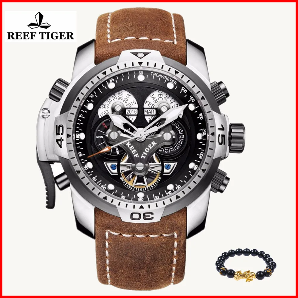 Роскошные Брендовые спортивные часы Reef Tiger с турбийоном, с календарем, датой, водонепроницаемые, 100 м, кожаные механические мужские часы, мужские часы