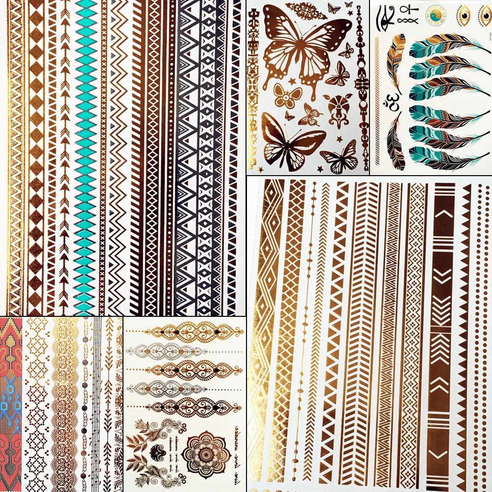

Summer Style Girl Women Henna Gold Metallic Flash Tattoo Stickers Girls Fake Waterproof Tattoo Golden Color Bracelets Leg Tatoos