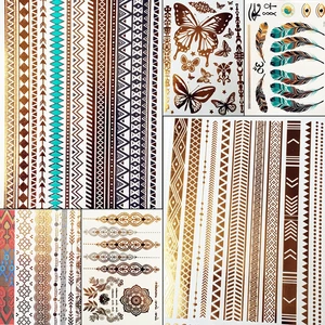 Летние Стильные наклейки с татуировками для девушек и женщин из хны, золотистые металлические наклейки-татуировки для девушек, поддельные водонепроницаемые татуировки, золотистые браслеты, татуировки для ног