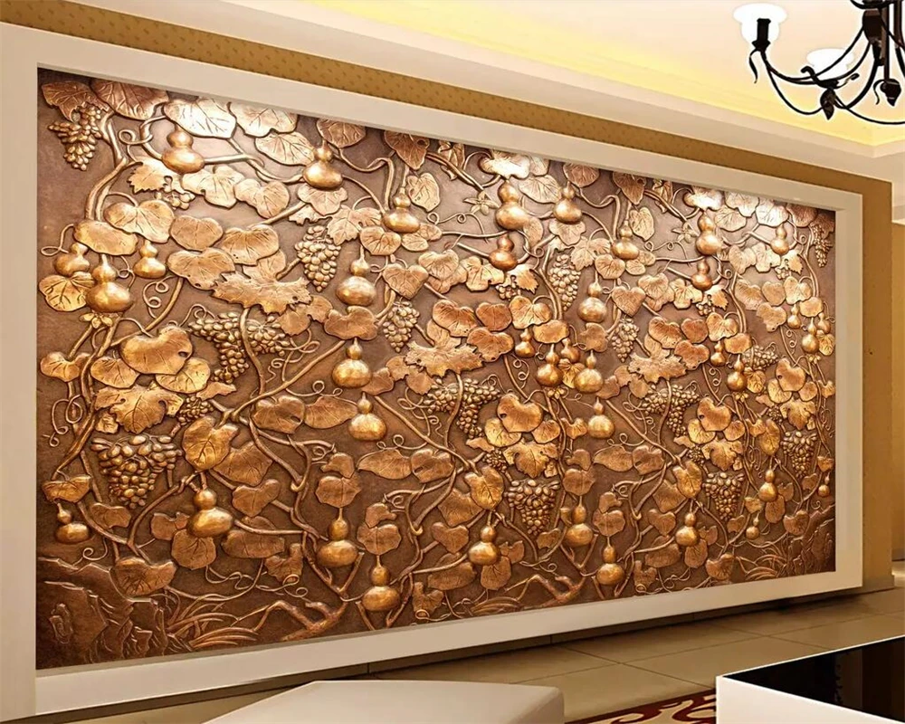 Beibehang Custom wallpaper copper embossed gourd vine TV background wall home decoration living room bedroom murals 3d |