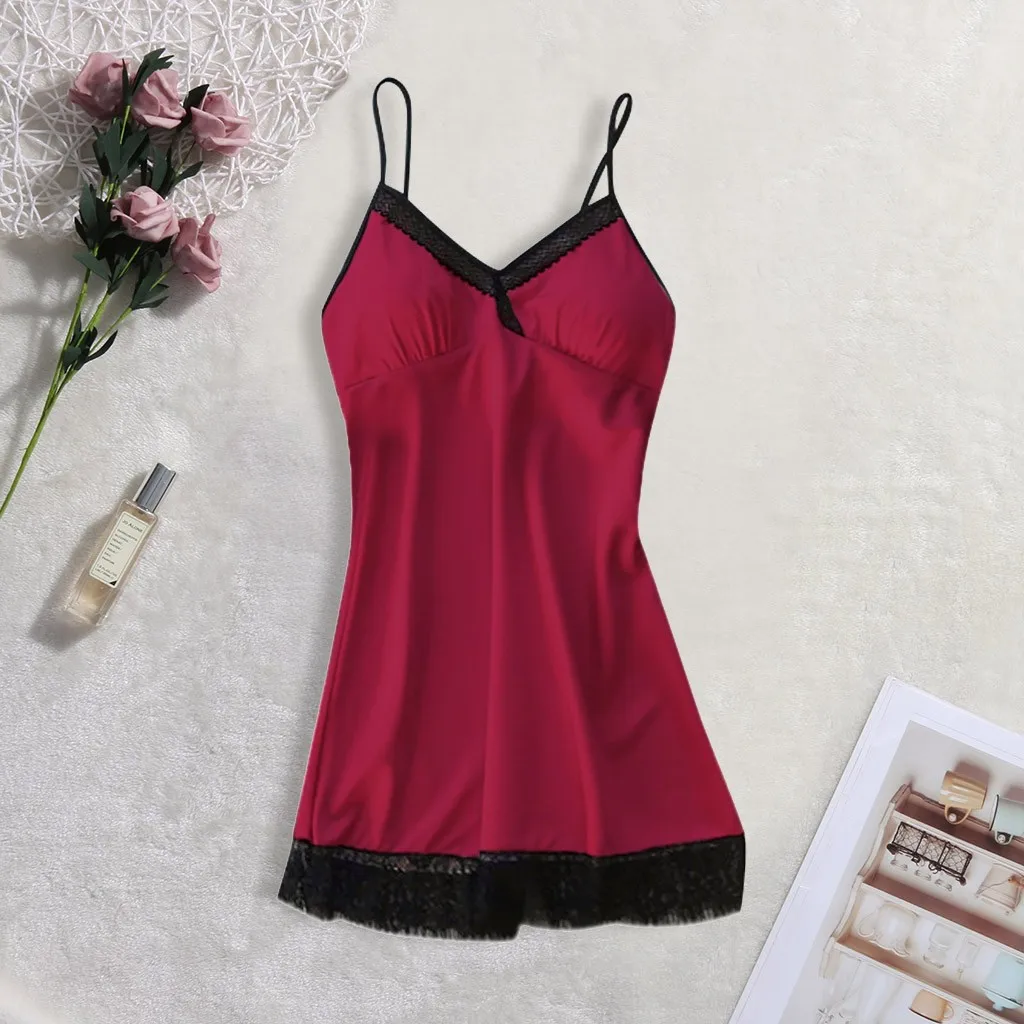 Женская атласная ночная рубашка женское белье сексуальная сорочка с накладками