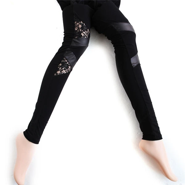 

Lace PU Leather Leggings Fashion Women Autumn & Winter Lace Stretch Pants Triangular Skinny Stretch Pants