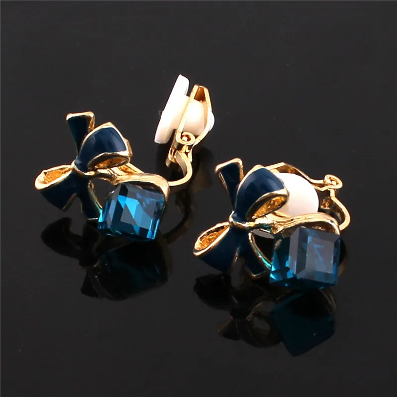 GRACE JUN Fashion Cute Square Crystal Bowknot Clip on Earrings for Girl Party Charm Cushion Needn't Ear Hole | Украшения и