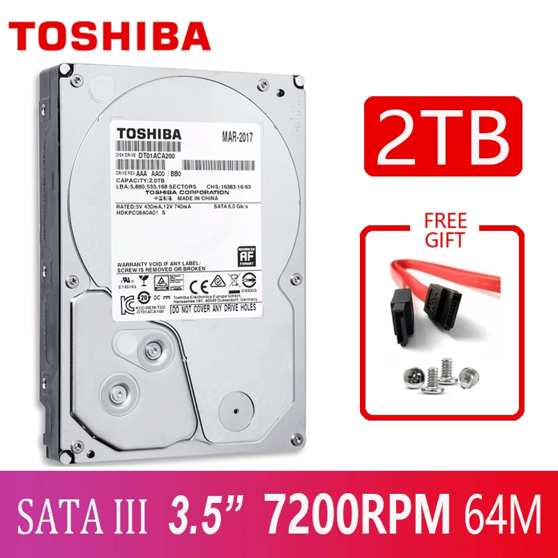 Жесткий диск TOSHIBA 2 ТБ внутренний жесткий 2000 гб HD 7200 об/мин 64 м SATA3 3 5 дюйма для