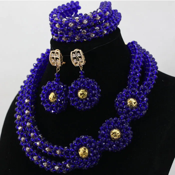 Latest African Jewelry Set Blue Mix Gold Nigerian Wedding Crystal Beads Necklaces Sets Free Shipping HX596 | Украшения и