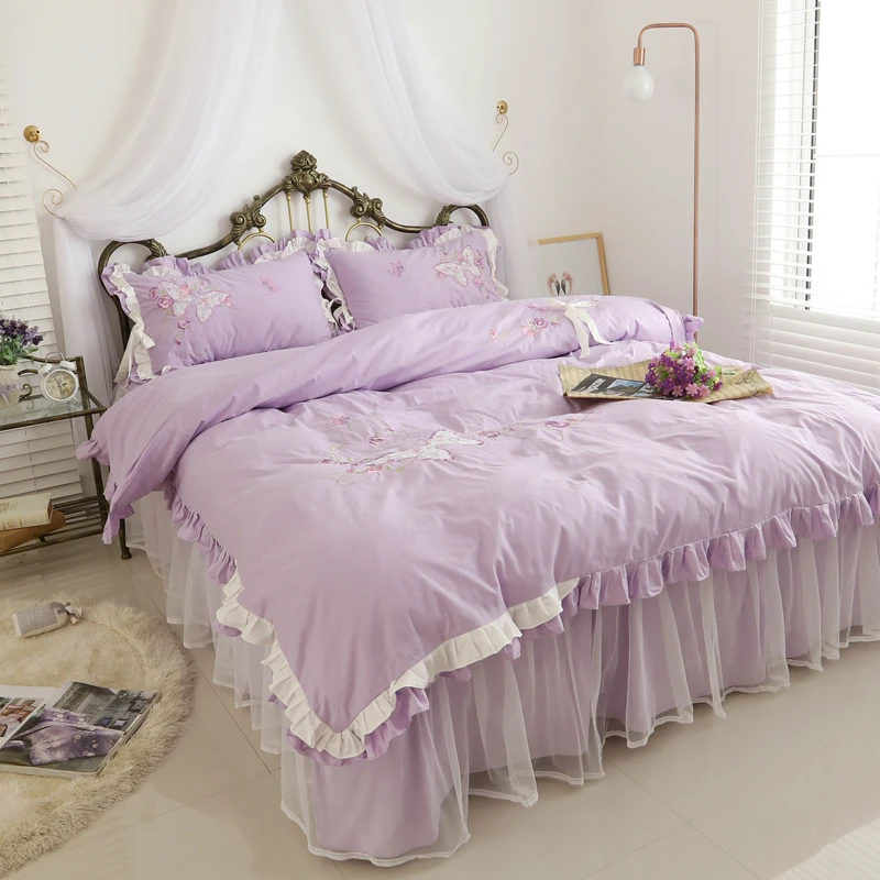 Elegant pastoral bedding set embroidery flower double ruffle douvet cover lace bedspread quality fabric bed sheet home textile | Дом и сад