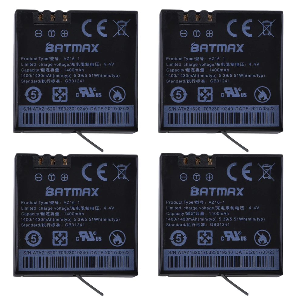 Batmax AZ16-1 Battery 4pcs +LCD USB Dual Charger for Original Xiaomi YI lite 2 4K 4k Xiao yi Action Camera | Электроника