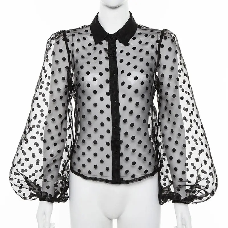 Женская Сексуальная Блузка с прозрачной сеточкой точечный фонарь рукав обувь в