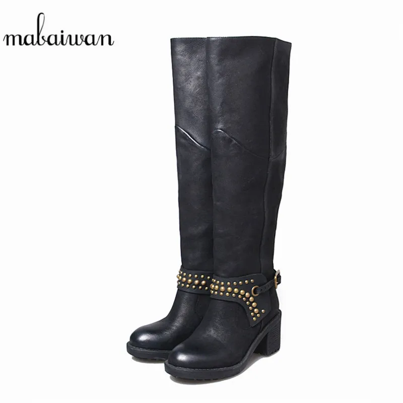 

Mabaiwan New Fashion Rivet Women Shoes Black Sheepskin Knee-High Shoes Woman Comfortable Warm High Heel Buckle Winter Snow Boots