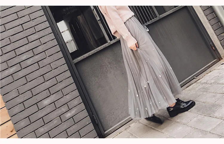 Faldas Mujer Moda корейский Бисер плиссированная юбка Высокая Талия Длинные юбки, женские Юпи Тюль Femme, Spodnica plisowana