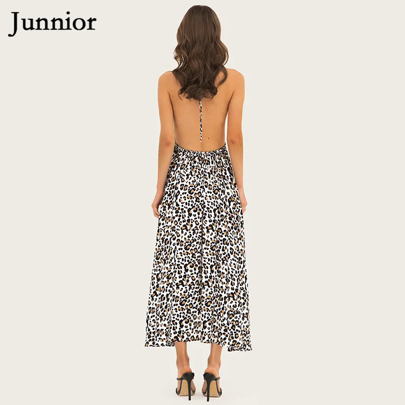 Junnior Винтаж Leopard платье с принтом для Для женщин открытой спиной и лямкой на шее