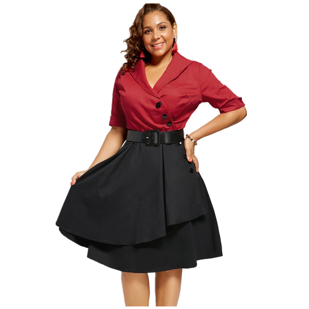 Плюс размер A Line женское винтажное платье с v образным вырезом и отворотами ремни