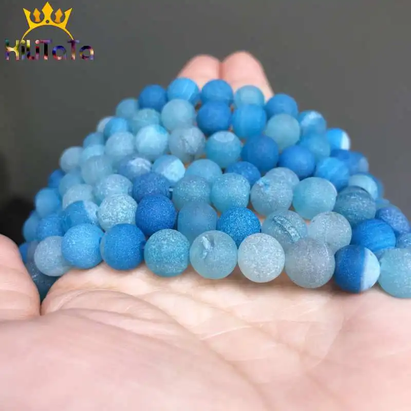 Матовые синие Бусины В Полоску Drusy Agates круглые бусины россыпью для изготовления