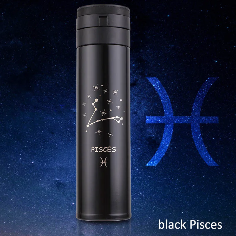 black Pisces Термос чашка портативная вакуумная колба чайная чашка термоса термоизолированная Двойная Стенка Созвездие 12 безстильный стальной отскакивающий чехол - Цвет: black Pisces