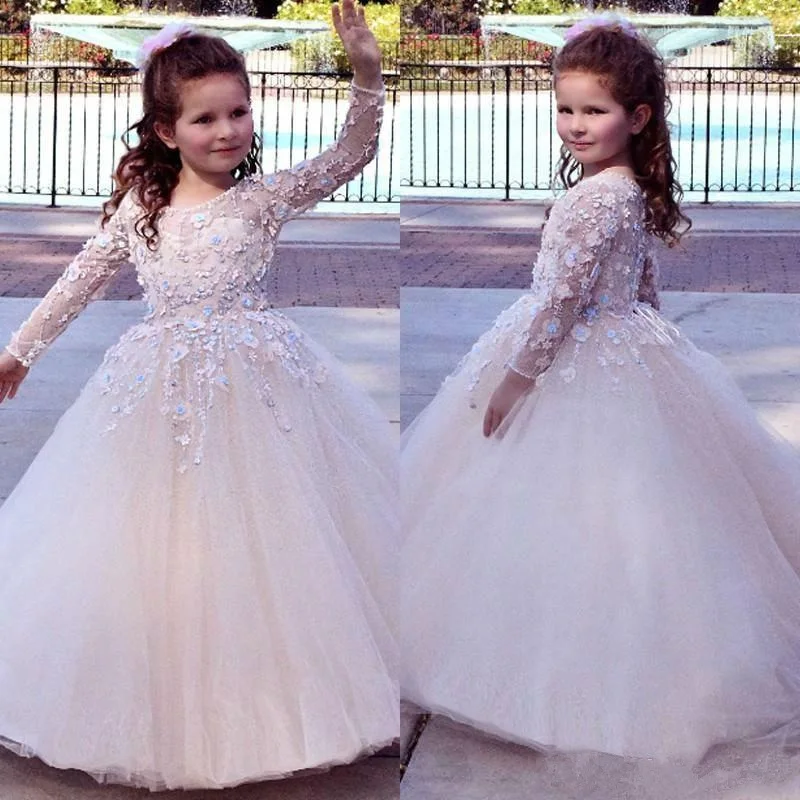 

Princess Long Sleeves Lace Applique Flower Girl Dresses Floor Length Tulle Girls Pageant First Communion Dresses