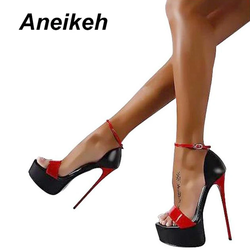 

Aneikeh 2022 Fashion Peep Toe High-heeled Sandals Sexy 16CM High Heels Buckle Strap Nightclub Party Shoes Big Size 40 Black