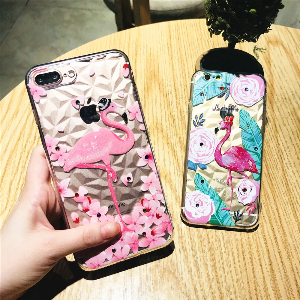 Cases For Iphone 7 Cute Cartoon Flamingos 3D Pattern Phone Case 6 6s 8 Plus X Transparent Diamond Soft TPU Coque Capa |