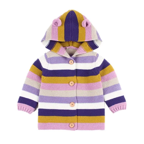 purple without fur Детский свитер; кардиган с ушками для маленьких девочек; вязаные куртки с капюшоном для новорожденных мальчиков; Весенняя Детская куртка; пальто с капюшоном; свитера для девочек - Цвет: purple without fur
