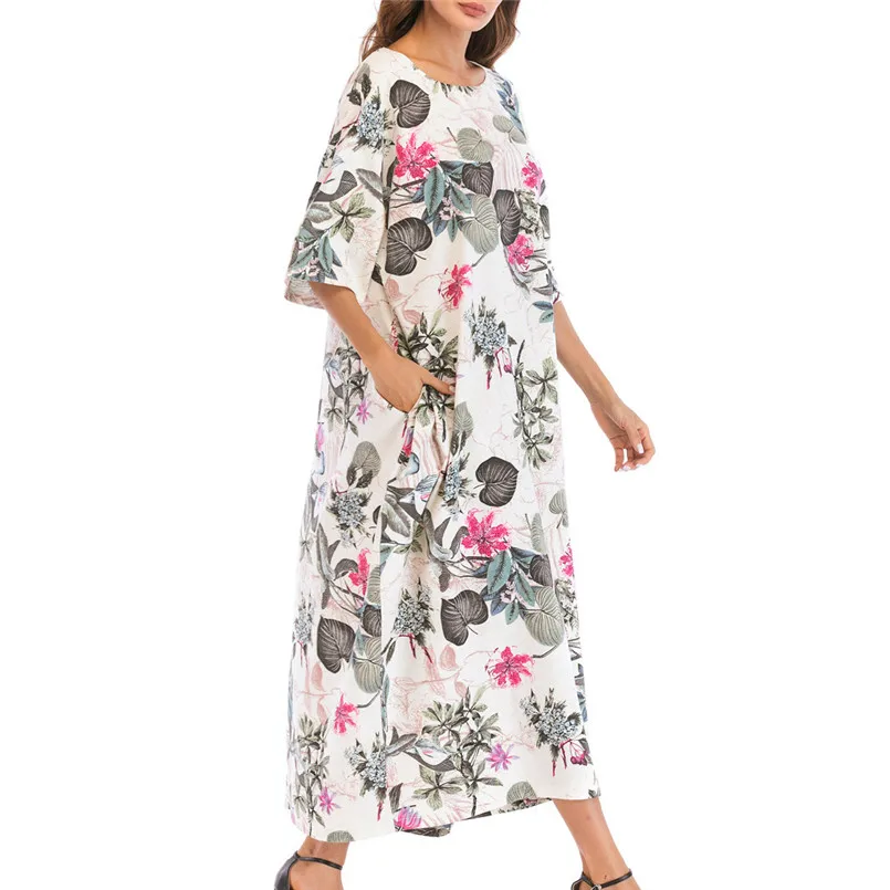 Новые женские летние богемные хлопковые льняные длинные платья с круглым вырезом и коротким рукавом