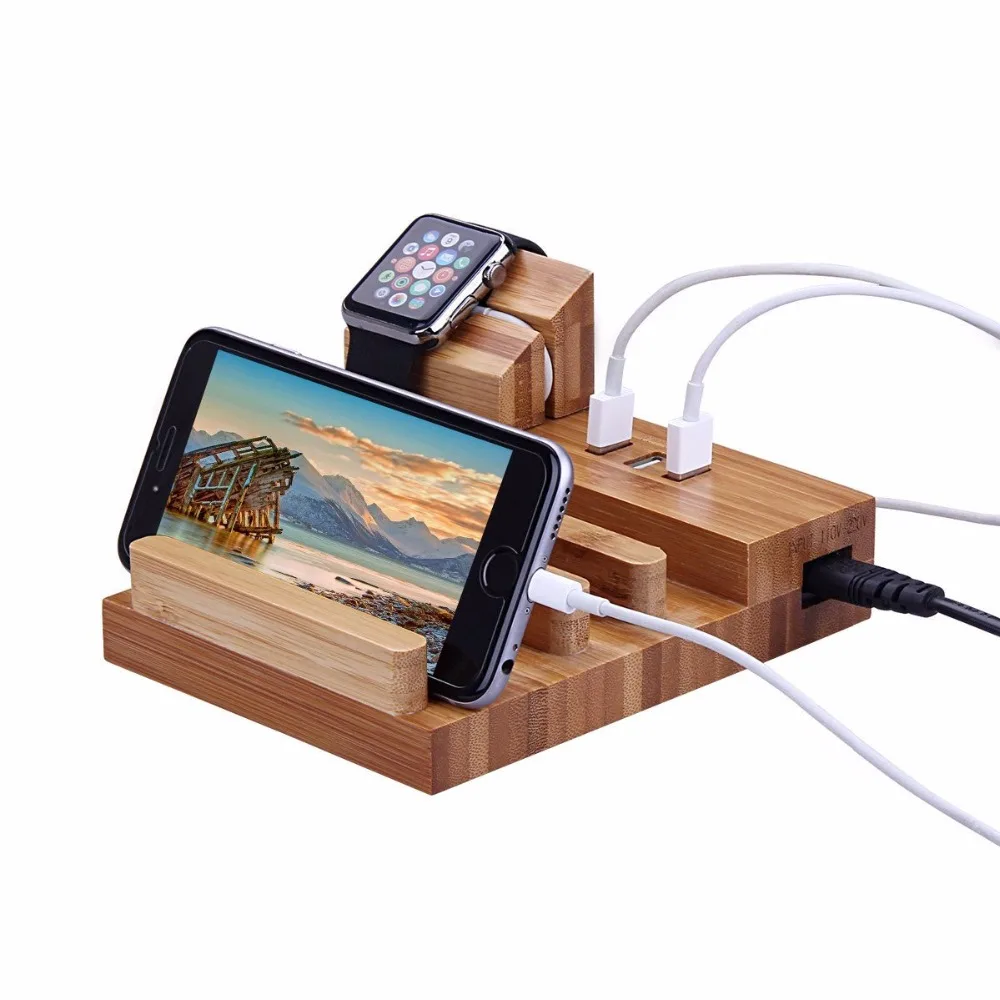 Многофункциональная зарядная станция из натурального бамбука 5 В 3 USB док-станция