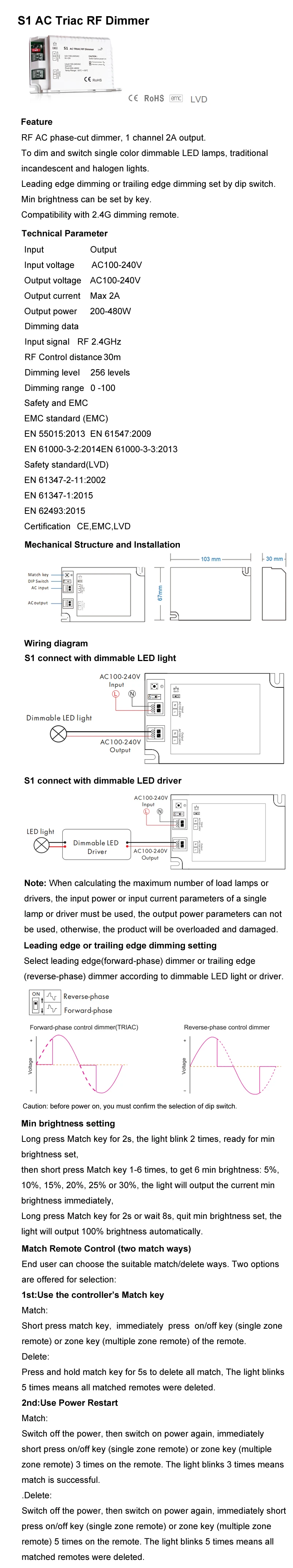 Led Triac диммер высокой Напряжение 100V-240VAC 2A задней кромки затемнения R6-1 Беспроводной RF сенсорный пульт дистанционного управления Светодиодный светильник Triac 220V Led диммер
