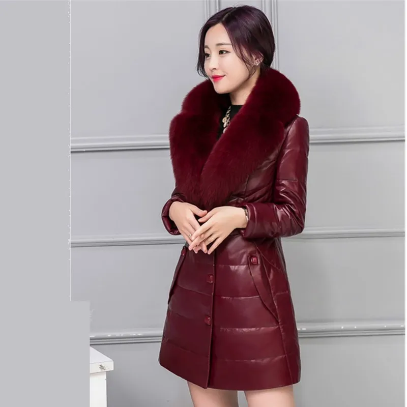 Red wine UHYTGF зимний кожаный пуховик теплая куртка женская высокое качество Лисий меховой воротник мех тонкий Женский Верхняя одежда M-4XL Плюс Размер 84 - Цвет: Red wine