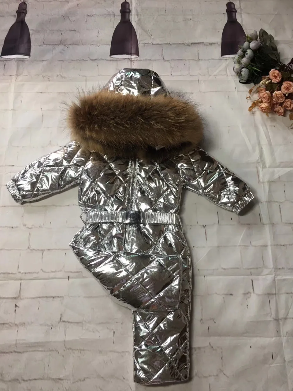 70cm-150cm Real fur hooded baby outergoing Winter children jumpsuit snow suit girl down boy Baby coveralls ski suit