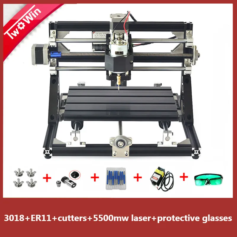 Новинка 3018 с ER11 Diy мини лазерный гравировальный станок с чпу наборы 3 оси акрил Pcb ПВХ фрезерный станок древесины маршрутизатор GRBL управления - Цвет: With 5500mw Laser