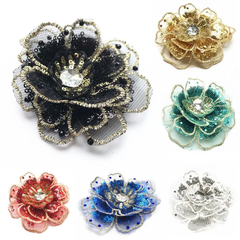 

8CM Gold Silver Sequin Embroidered 3D Flower Head Sew On Patch Mesh Multilayer For Wedding Appliques Dress DIY Red Blue Black