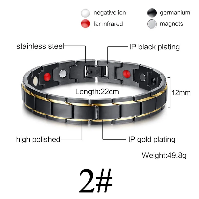 Gold Black 2 Для женщин и мужчин, забота о здоровье, германий, магнитный браслет для артрита и карпального туннеля, 316L, нержавеющая сталь, терапевтические браслеты - Окраска металла: Gold Black 2