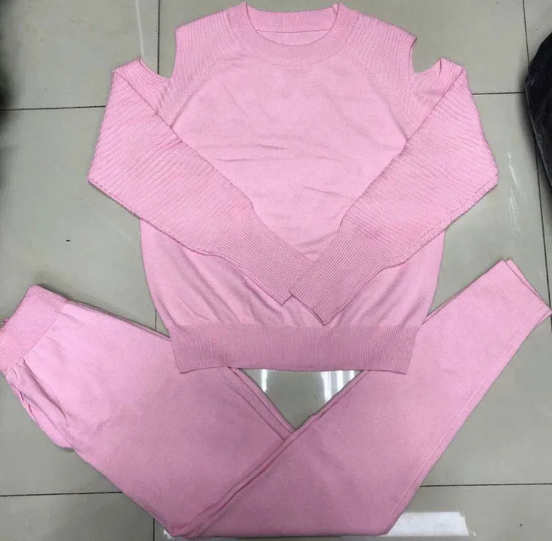 Pink Amolapha, женские зимние спортивные костюмы, повседневные, вязаные, с открытыми плечами, с длинными рукавами, одноцветные пуловеры, длинные штаны, комплекты одежды из двух предметов - Color: Pink
