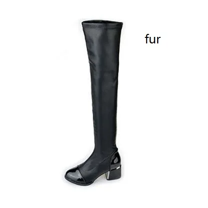 Black Fur ORCHA LISA/женские Сапоги выше колена из искусственной кожи с острым носком, на квадратном каблуке, без шнуровки; зимние высокие сапоги; botas Feminina; C768 - Цвет: Black Fur