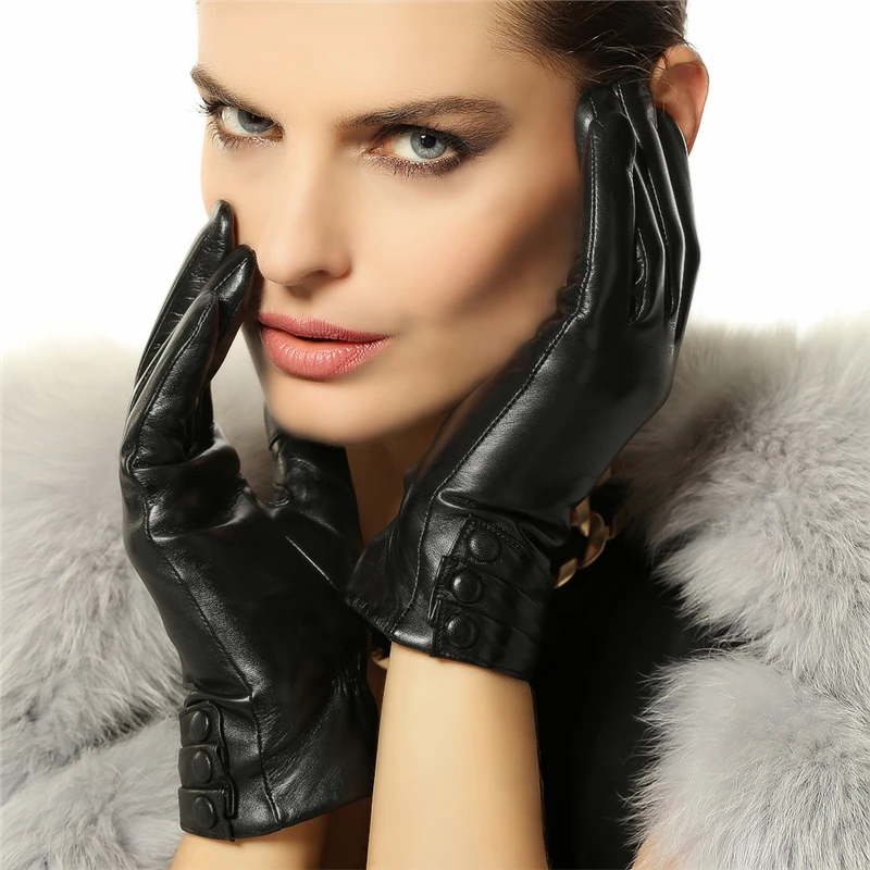 

Fashion Autumn Winter Women's Genuine Leather Gloves Female Brand Warm Velvet Black Gloves Goatskin Mittens L003NC