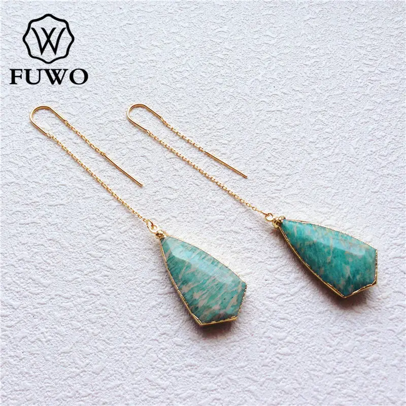 Серьги с треугольным амазонитом FUWO, серьги с наполнением 24-каратным золотом, минималистичный дизайн, серьги с зеленым камнем для женщин ER029