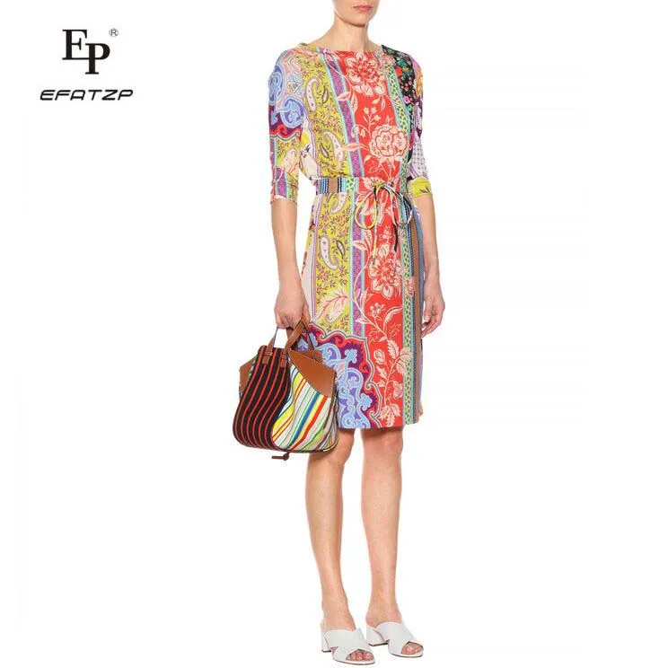 New 2018 Luxury Designer Dress Women's Fashion 3/4 Sleeves Colorful Flower Print XXL Stretch Jersey Slim Silk Day | Женская одежда