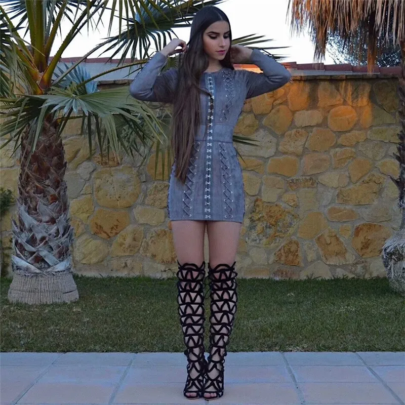 

High Quality Fashion Celebrity Long Sleeve Above Knee Lace Up Women Dress Chic Party Dress