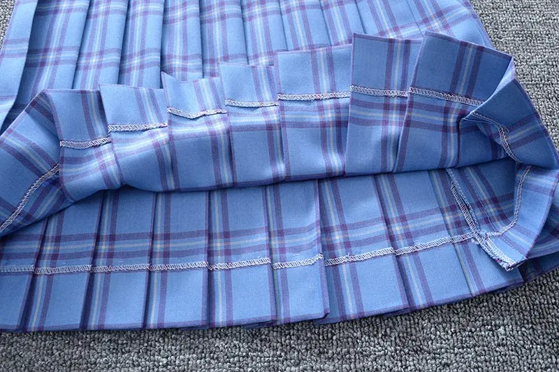 

JK Uniforms Tic-tac-toe Blue Gray Plaid Skirt Pleated skirts High school Student Skirt adjustable waist add pocket 2 color