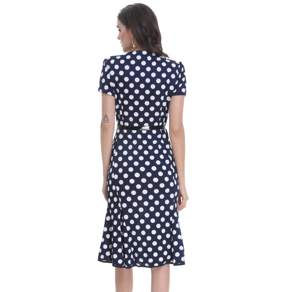 FD3561 Lady's Polka Dot Print Mermaid Tail Pencil Dress Vestidos Robe Short Puff Sleeve Slim Waist with Belt Retro Midi Dresses | Женская