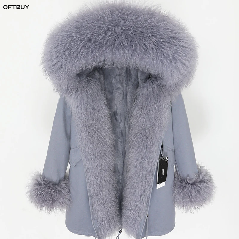 OFTBUY, зимняя женская куртка, пальто с натуральным мехом, парка из монгольского овца, Воротник из меха кролика, подкладка из меха кролика, Черное длинное пальто, уличная одежда, новинка