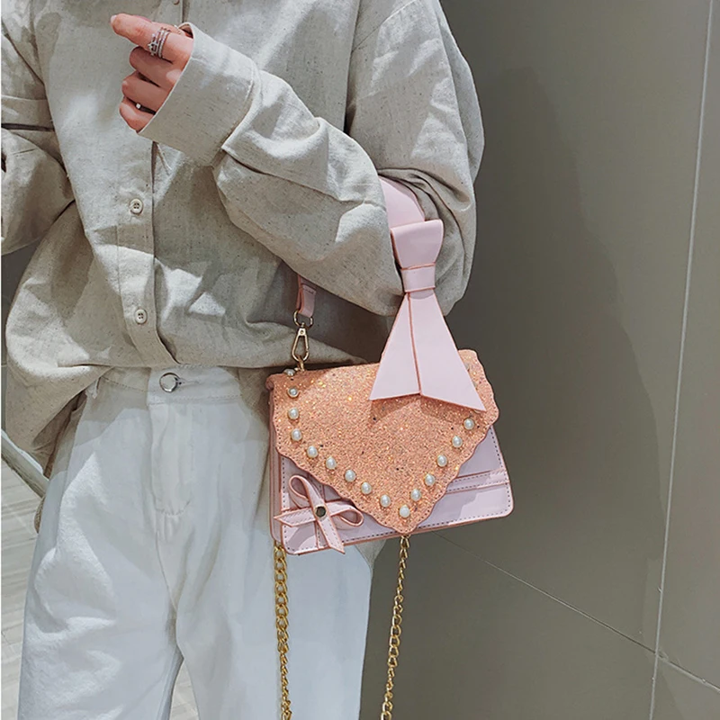 

Luxury Sequins Pearl Locks Women Messenger Bags 2019 Spring and Summer New Ladies Fashion Wild Chain Bow Shoulder Bag DG389