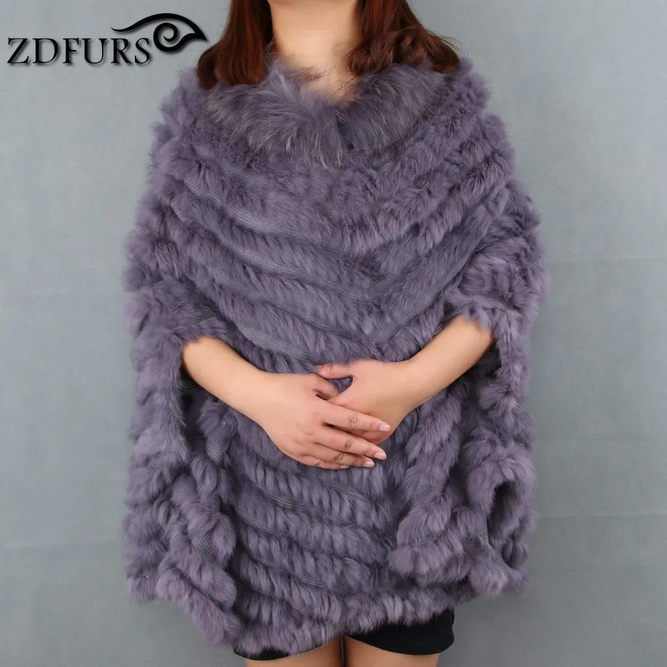 ZDFURS* Новая модная Вязаная Шаль из натурального кроличьего меха, пончо, накидка, палантин, накидка, Воротник из меха енота - Цвет: grey