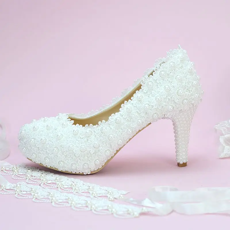 14cm/11cm/8cm full lace white pearls womens wedding shoes NQ002 handmade luxury ankle lace ribbons straps lady party dinner pump