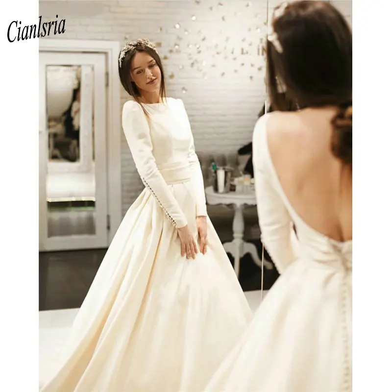 

Elegant 2020 Boat Neck Wedding Dresses Long Sleeve With Button Backless Simple Satin Sweep Train Wedding Dress Vestido De Noiva
