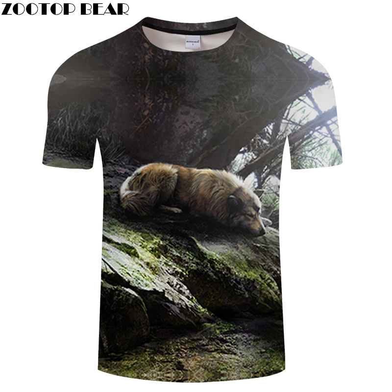 Черная Футболка Волк мужская футболка аниме тройник 3D Топ Harajuku Camiseta Streatwear