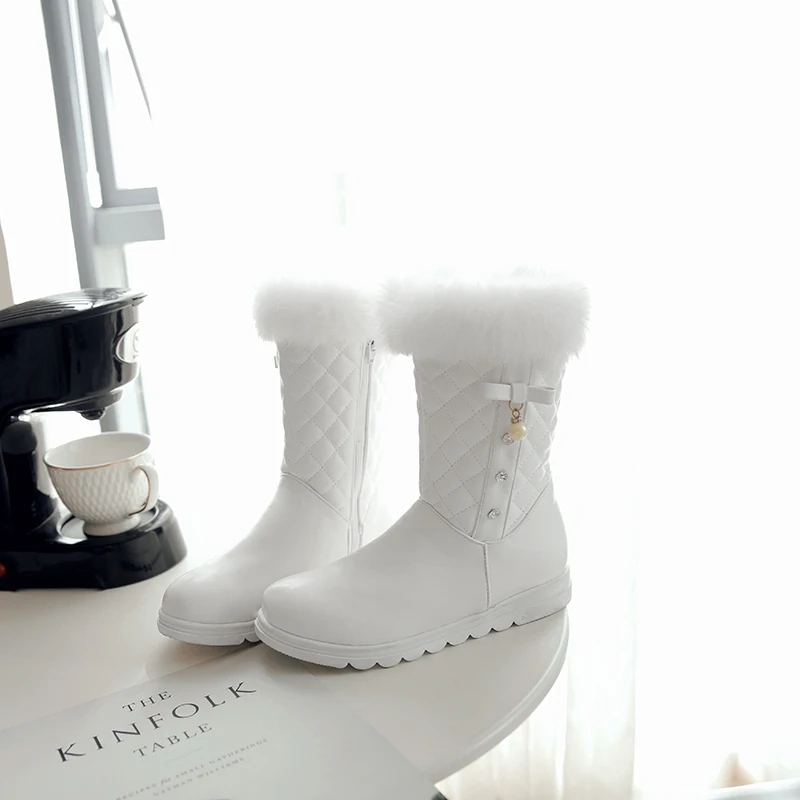 NEW fashion warm Mid-Calf snow boots women round toe soft leather warm Rabbit Fur winter thick fur ladies winter shoes