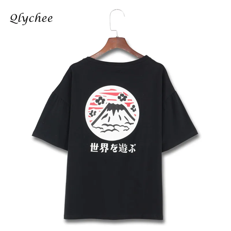 Qlychee уличной моды женские футболка Fuji японский принтом Повседневная Для женщин