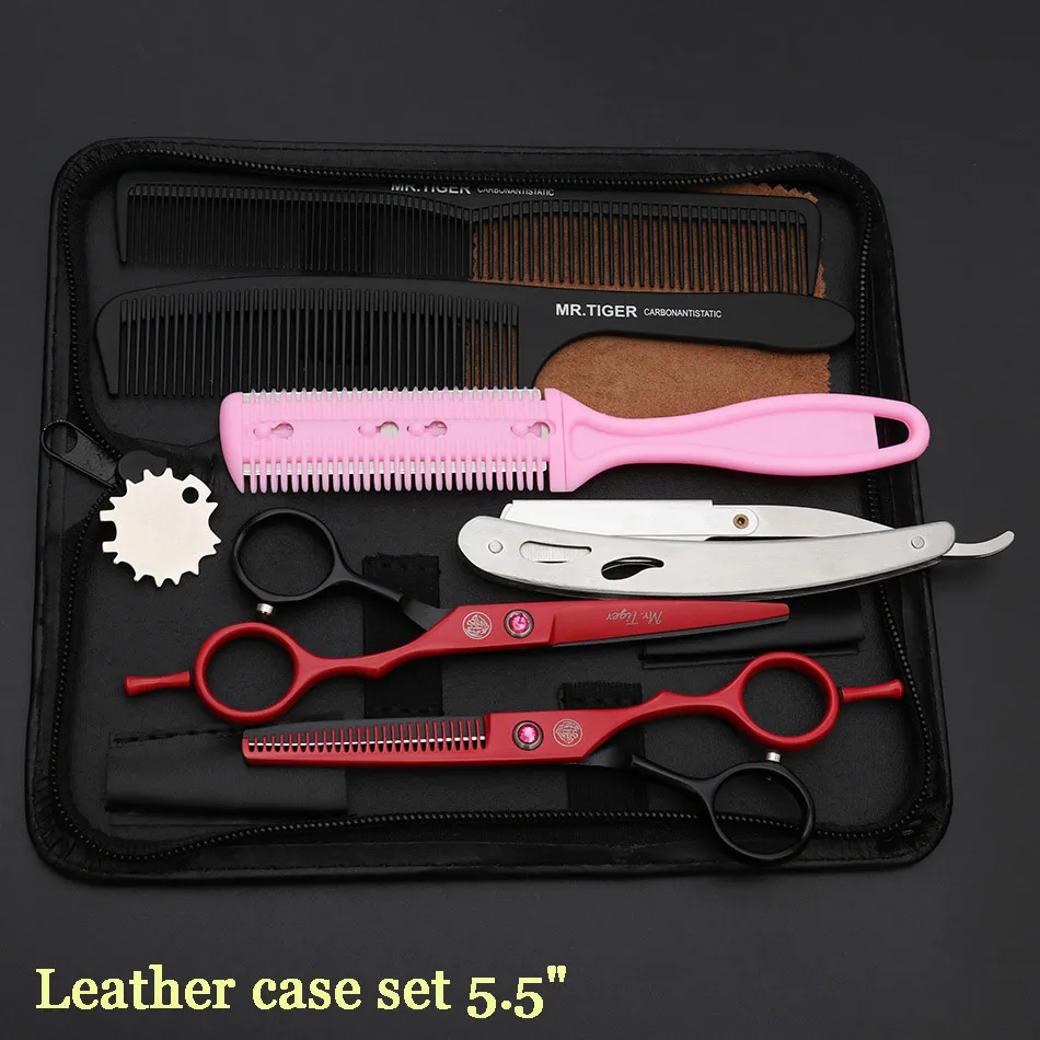 leather case set Острое лезвие, профессиональные ножницы для стрижки волос, парикмахерские ножницы Makas, парикмахерские ножницы, черные с бритвой - Цвет: leather case set