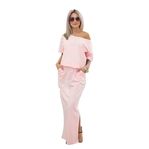 01Pink ELSVIOS женское сексуальное длинное летнее платье макси с разрезом сбоку Свободное платье с коротким рукавом вечернее платье с карманом Vestidos - Цвет: 01Pink