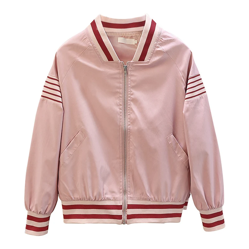 PERHAPS U Women Outwear Bomber Jacket Zipper Pocket Sport Side-stripe Pink C0016