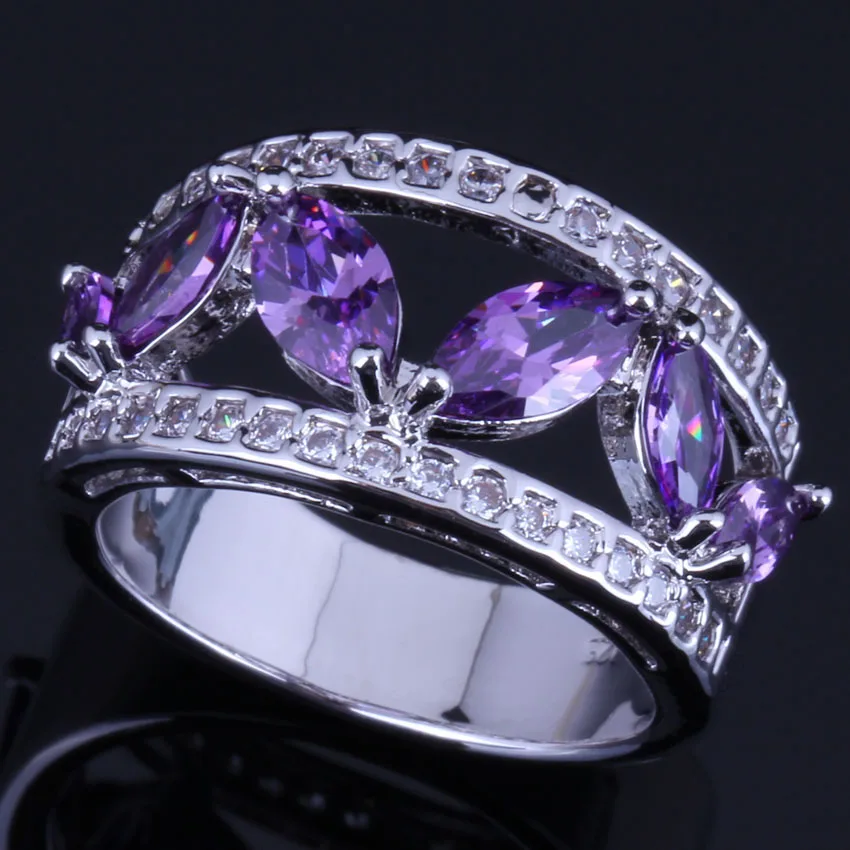 

Cheerful Purple Cubic Zirconia White CZ Silver Plated Ring V0604